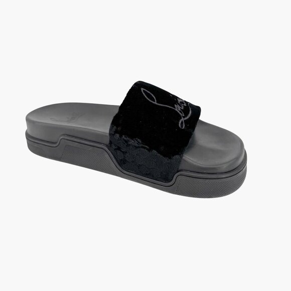 Christian Louboutin 'Navy Pool' Slide Sandals Size 37 US 7 Black Velvet Logo 34 - Picture 11 of 12